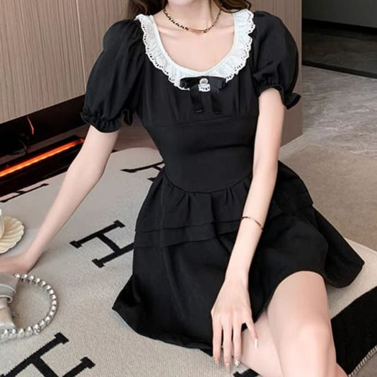 Ruffle Sleeve Puff Round Mini Neck A-Line Dress Bow