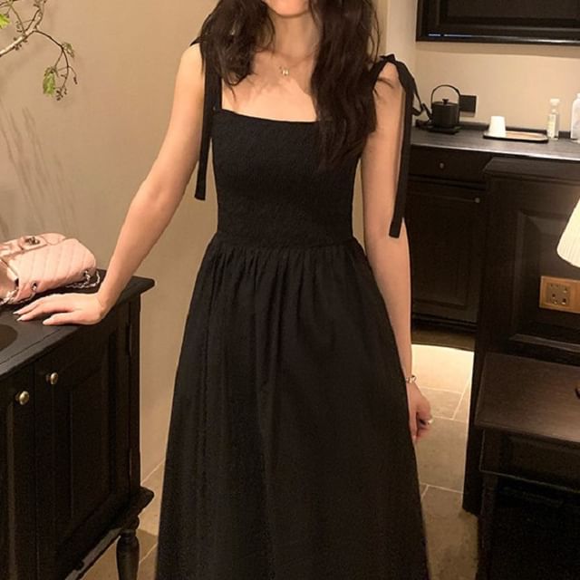 Tie Shoulder Plain Maxi A-Line Dress