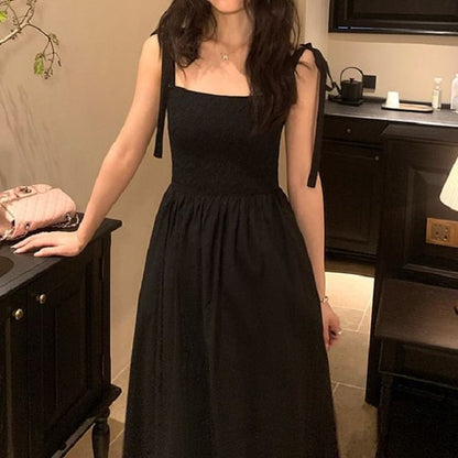 Tie Shoulder Plain Maxi A-Line Dress