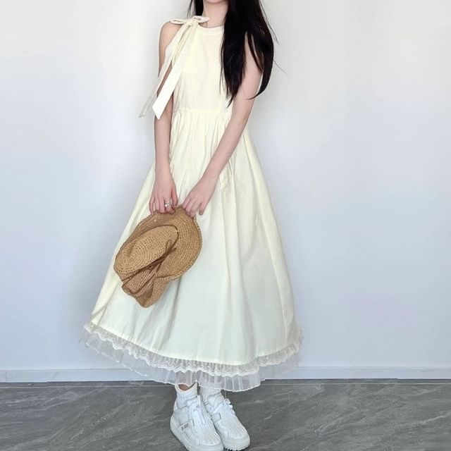 Neck Bow Maxi Mesh A-Line Round Panel Plain Dress Sleeveless