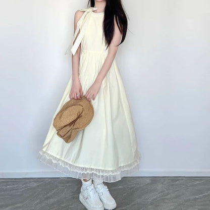 Neck Bow Maxi Mesh A-Line Round Panel Plain Dress Sleeveless