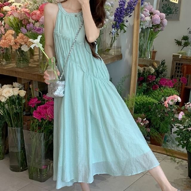 Panel Plain Round Dress A-Line Neck Midi Sleeveless