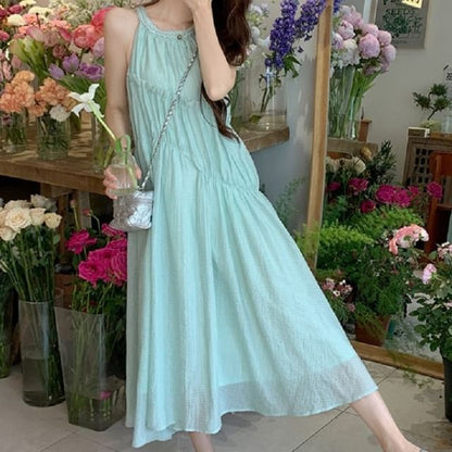 Panel Plain Round Dress A-Line Neck Midi Sleeveless