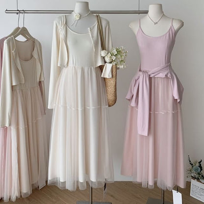 Cardigan and Maxi A-Line Dress Set with Spaghetti Straps