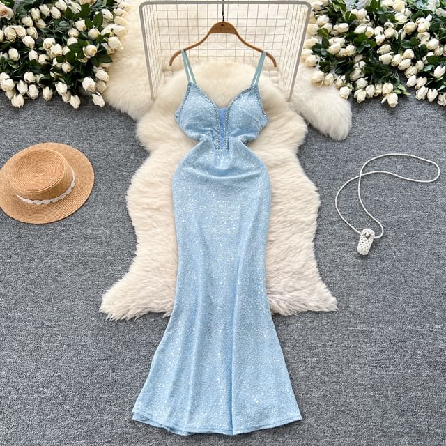 V-Neck Mermaid Spaghetti Sequined Evening Gown Strap