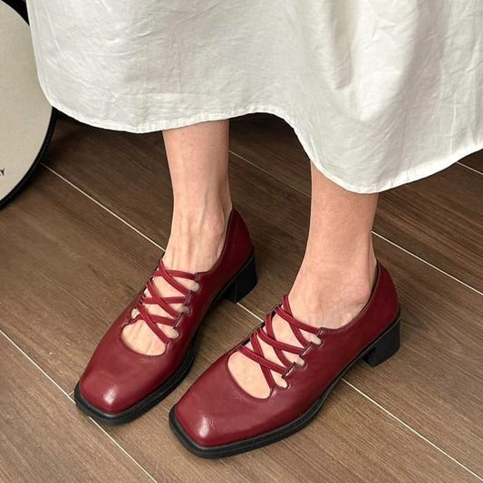 Chunky Heel Square Toe Plain Lace-Up Mary Jane Pumps