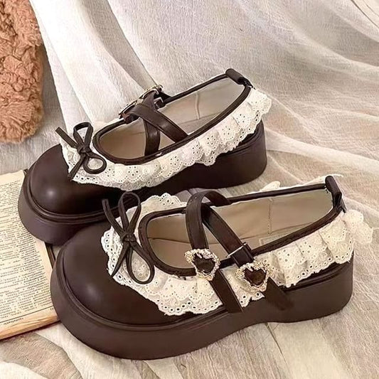 Platform Buckled Lace Ruffle Trim Mary Jane Shoes