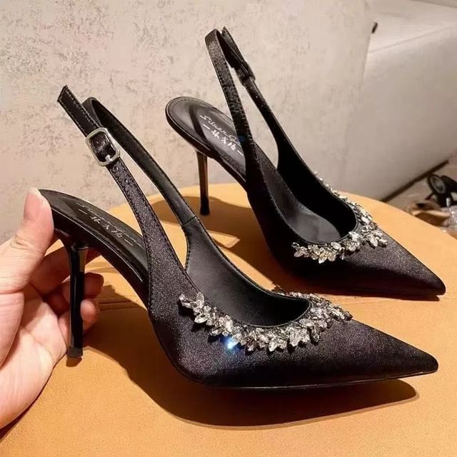 Rhinestone Pointed Toe Stiletto Heel Slingback Sandals