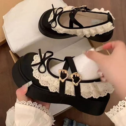 Platform Buckled Lace Ruffle Trim Mary Jane Shoes