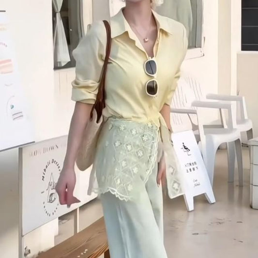 Long Sleeve Collared Plain Lace Trim Panel  Shirt