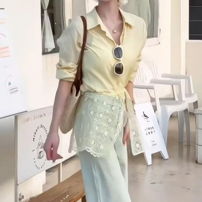 Long Sleeve Collared Plain Lace Trim Panel  Shirt