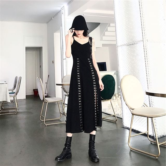 Hooded Hoop Accent Crop Top and Midi A-Line Dress Set with Slit