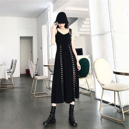 Hooded Hoop Accent Crop Top and Midi A-Line Dress Set with Slit
