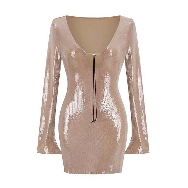 Long-Sleeve Sequin Cutout Tie Front Mini Bodycon Cocktail Dress