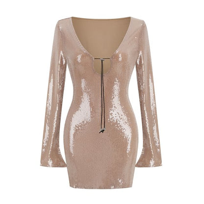 Long-Sleeve Sequin Cutout Tie Front Mini Bodycon Cocktail Dress