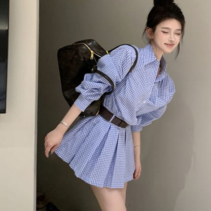 Long-Sleeve Henley Plaid Pocket Front Pleated Hem Mini Shirt Dress
