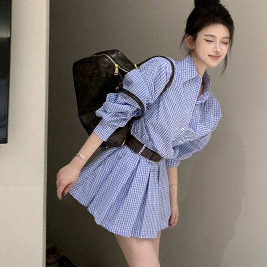 Long-Sleeve Henley Plaid Pocket Front Pleated Hem Mini Shirt Dress