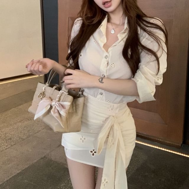 Long-Sleeve Flower Embroidered Shirt / High Rise Ruched Bow Mini Pencil Skirt