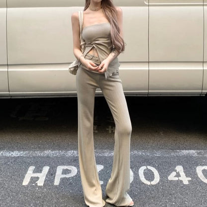 Strapless Plain Drawstring Side-Slit Asymmetrical Top / High Waist Flared Pants