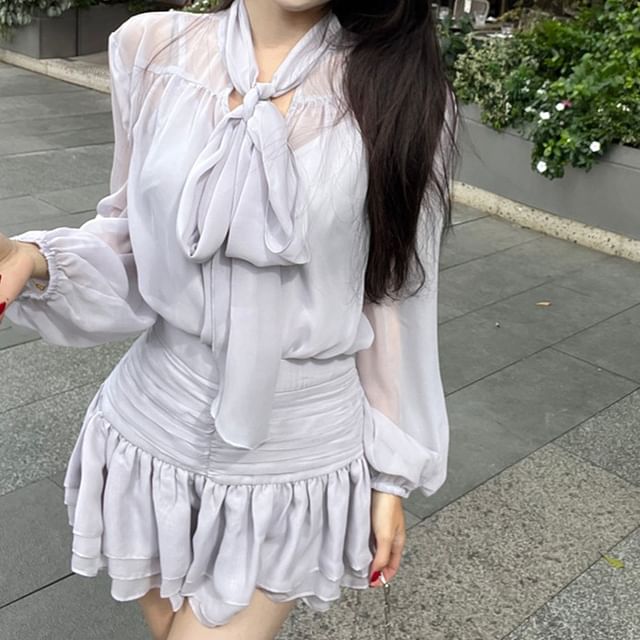 Puff-Sleeve Tie-Neck Plain Blouse / Cami Top / High Rise Mini A-Line Skirt / Set