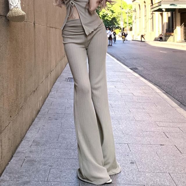 Strapless Plain Drawstring Side-Slit Asymmetrical Top / High Waist Flared Pants