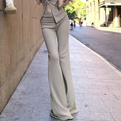 Strapless Plain Drawstring Side-Slit Asymmetrical Top / High Waist Flared Pants
