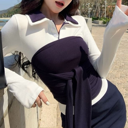 Long-Sleeve Collar Plain Contrast Trim Tee / Tie-Front Tube Top / High Waist Mini Pencil Skirt