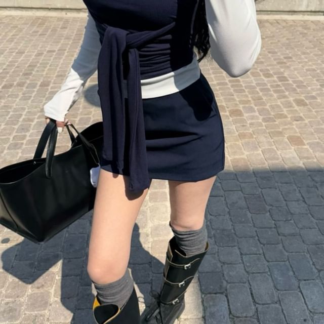 Long-Sleeve Collar Plain Contrast Trim Tee / Tie-Front Tube Top / High Waist Mini Pencil Skirt