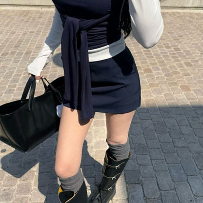 Long-Sleeve Collar Plain Contrast Trim Tee / Tie-Front Tube Top / High Waist Mini Pencil Skirt