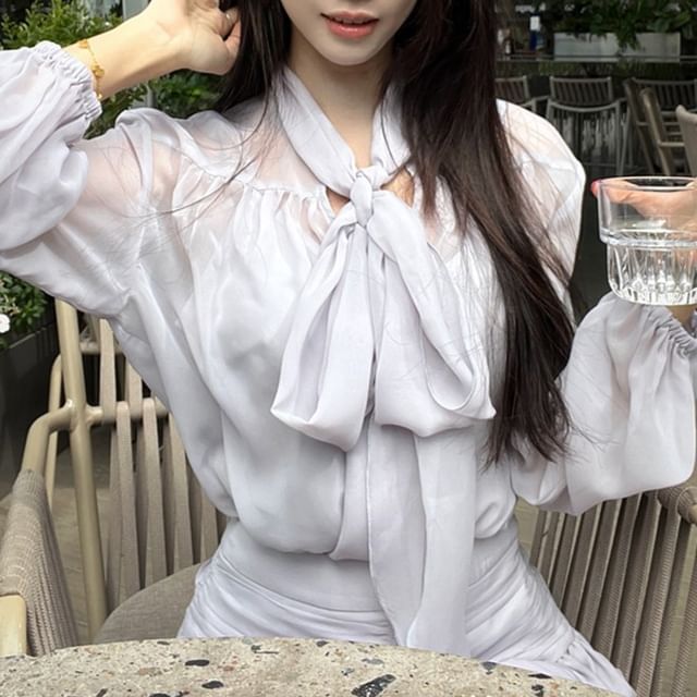 Puff-Sleeve Tie-Neck Plain Blouse / Cami Top / High Rise Mini A-Line Skirt / Set