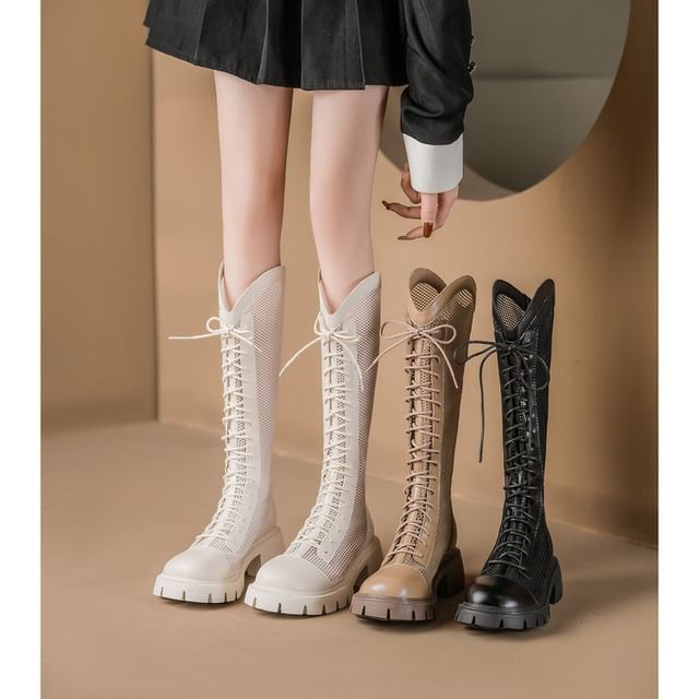 Platform Boots Panel Lace-Up Tall Mesh