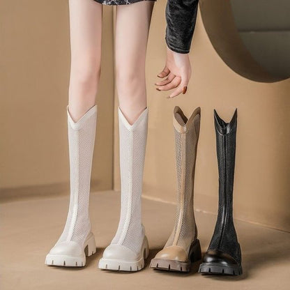 Mesh Panel Platform Boots Tall Zip-Up