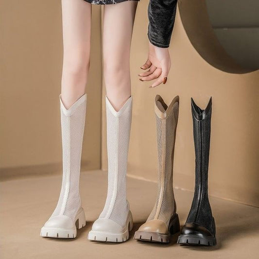 Mesh Panel Platform Boots Tall Zip-Up