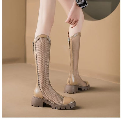 Mesh Panel Platform Boots Tall Zip-Up