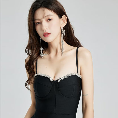 Rhinestone Accent Sheath Dress with Side Slit and Spaghetti Straps