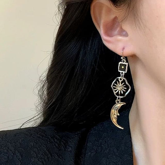 Sun Moon Asymmetrical Drop Earring / Clip-On Earring