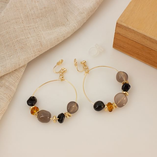 Irregular Beaded Hoop Drop Hook Earring / Clip-On Earring