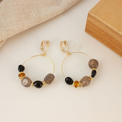Irregular Beaded Hoop Drop Hook Earring / Clip-On Earring