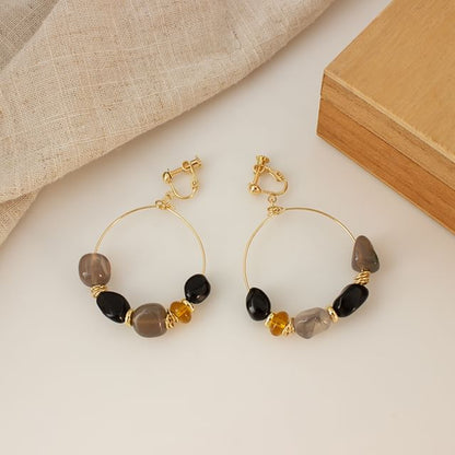 Irregular Beaded Hoop Drop Hook Earring / Clip-On Earring