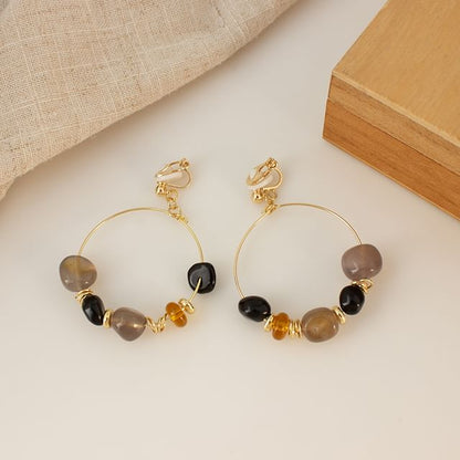 Irregular Beaded Hoop Drop Hook Earring / Clip-On Earring