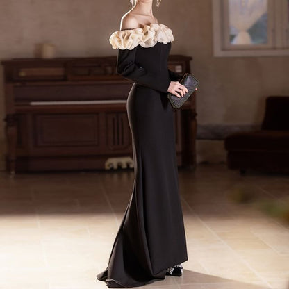 Long-Sleeve Off Shoulder Ruffle Trim Two Tone Mermaid Evening Gown