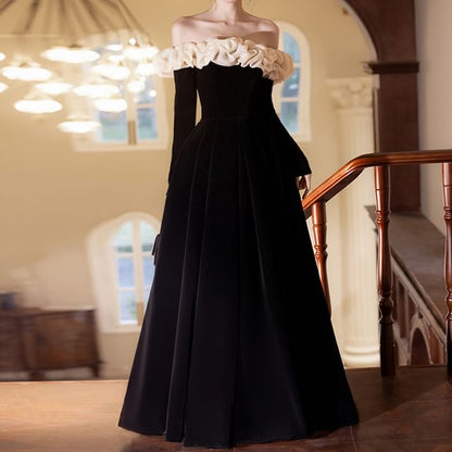 Long-Sleeve Off Shoulder Ruffle Trim Two Tone A-Line Evening Gown