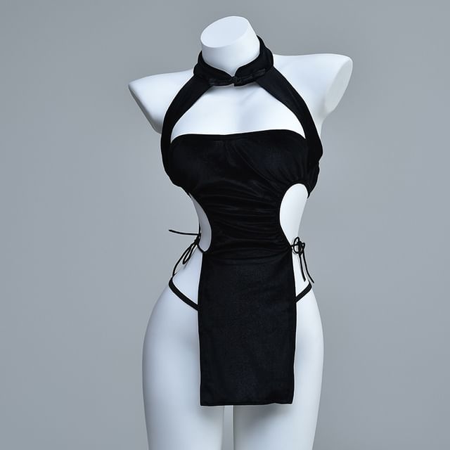 Halter Neck Stand Collar Plain Cutout Slit Nightdress
