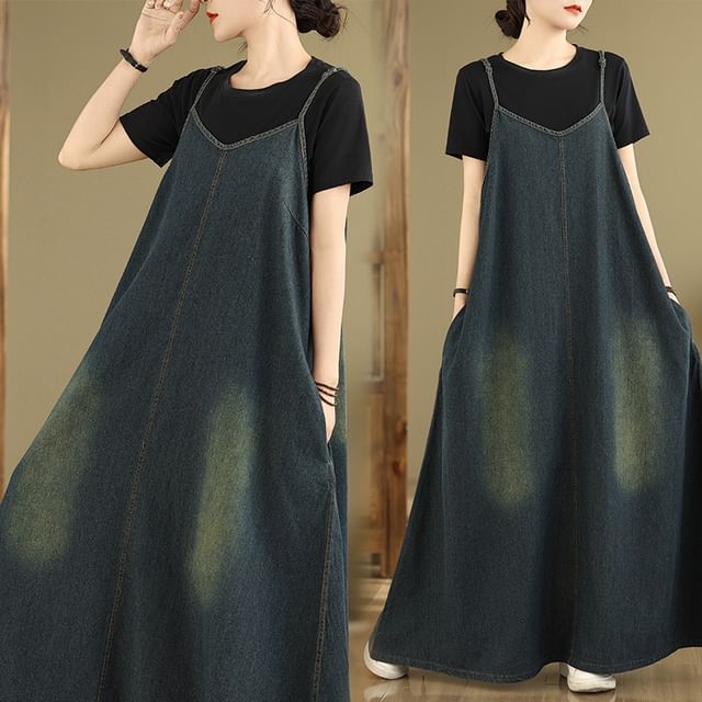 V-Neck Washed Denim Maxi A-Line Dress with Spaghetti Straps