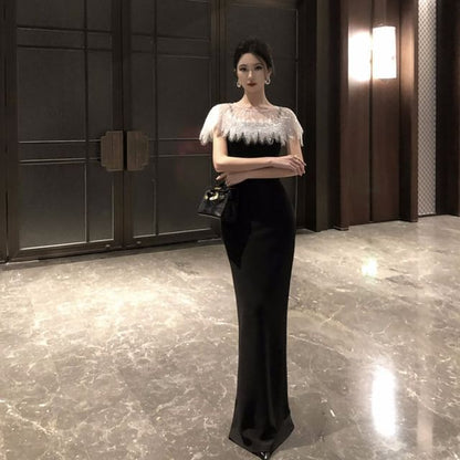 Cap-Sleeve Round Neck Sequin Panel Maxi Sheath Evening Dress