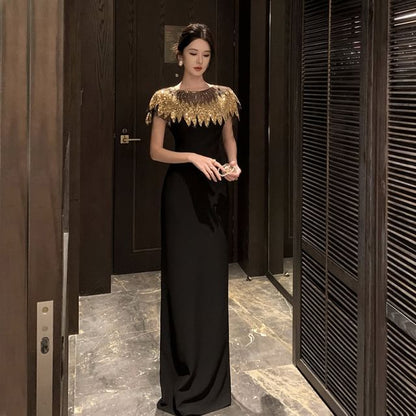 Cap-Sleeve Round Neck Sequin Panel Maxi Sheath Evening Dress