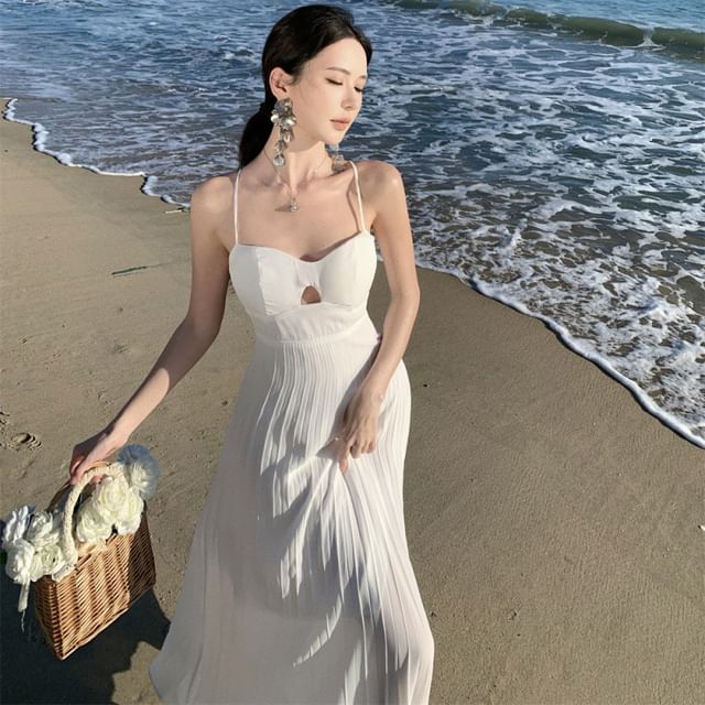 Cutout Accordion Pleated Midi A-Line Dress with Spaghetti Straps