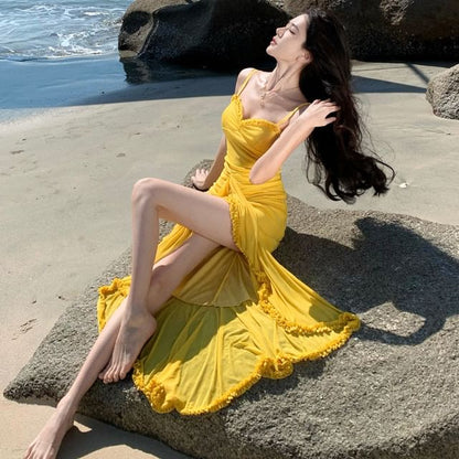 Asymmetric Ruffle Trim Sheath Maxi Dress with Slit and Spaghetti Straps