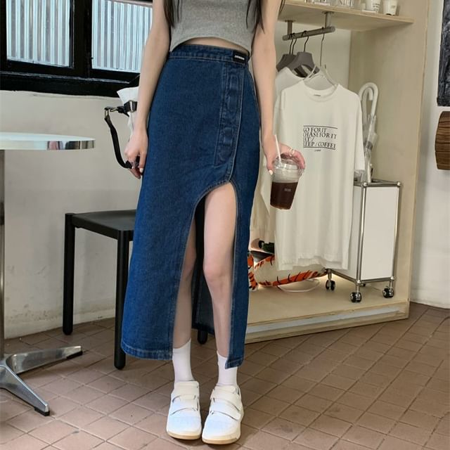 High Rise Washed Asymmetrical Midi Pencil Denim Skirt