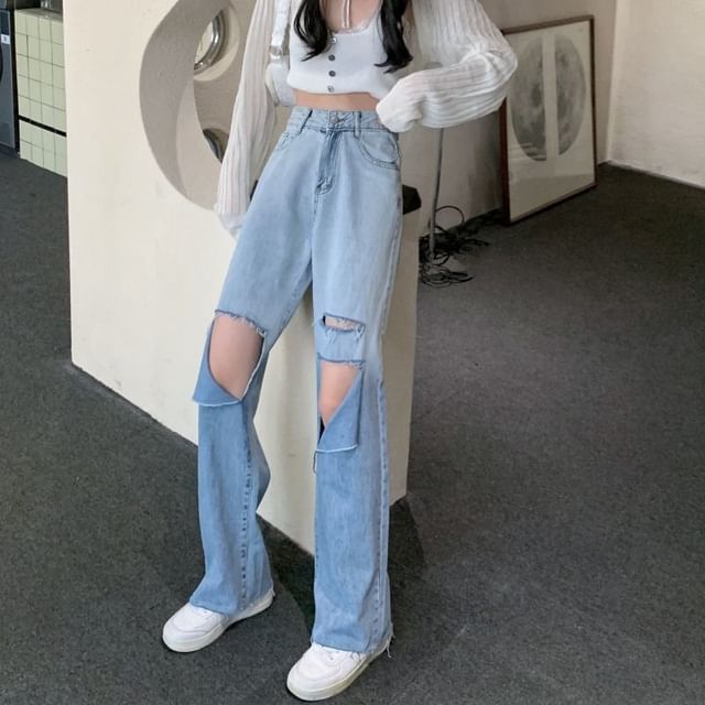 High Waist Gradient Washed Distressed Wide Leg Jeans